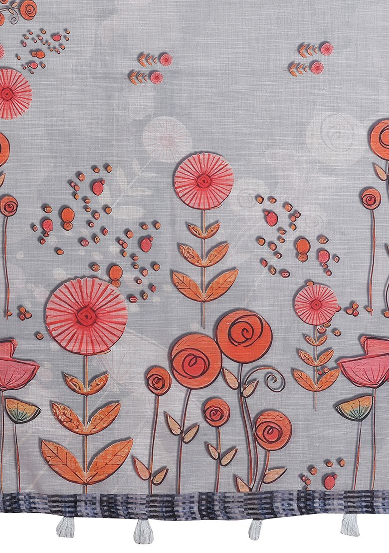 Multi Flower Digital Print Linen Saree with Unstitched Blouse