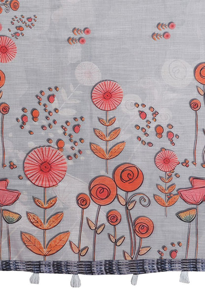 Multi Flower Digital Print Linen Saree with Unstitched Blouse
