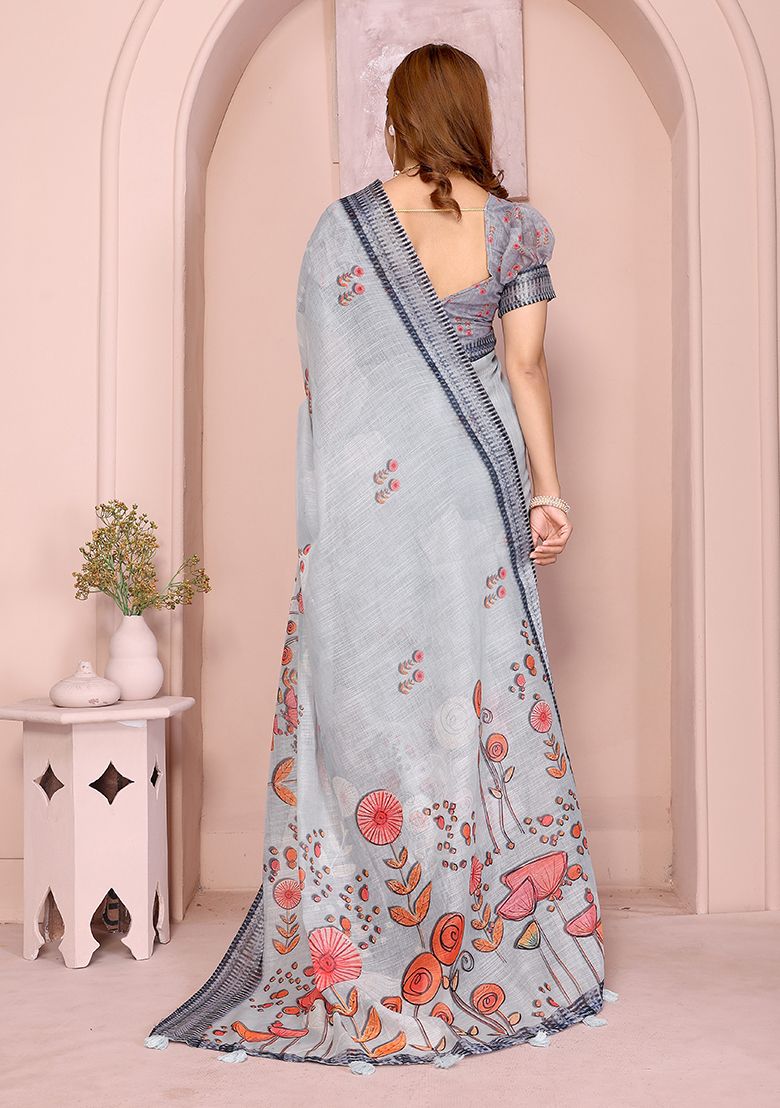 Multi Flower Digital Print Linen Saree with Unstitched Blouse