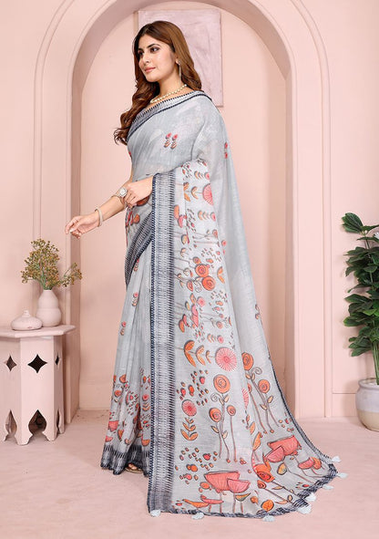 Multi Flower Digital Print Linen Saree with Unstitched Blouse