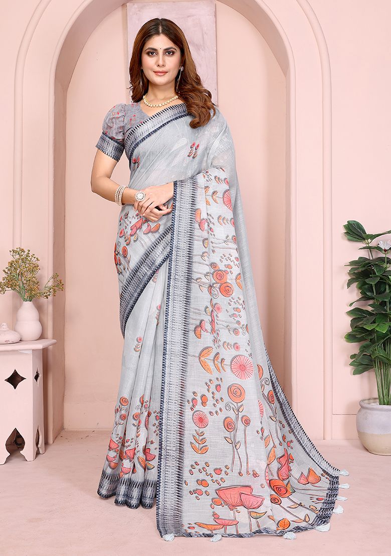 Multi Flower Digital Print Linen Saree with Unstitched Blouse