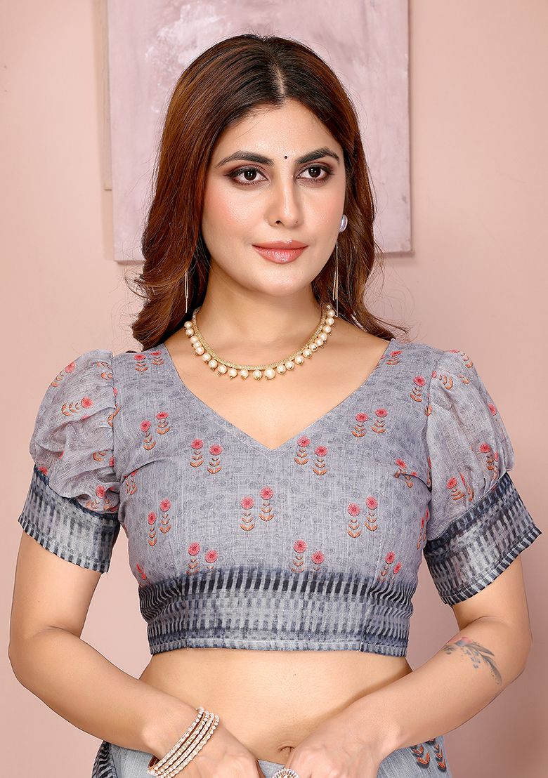 Multi Flower Digital Print Linen Saree with Unstitched Blouse