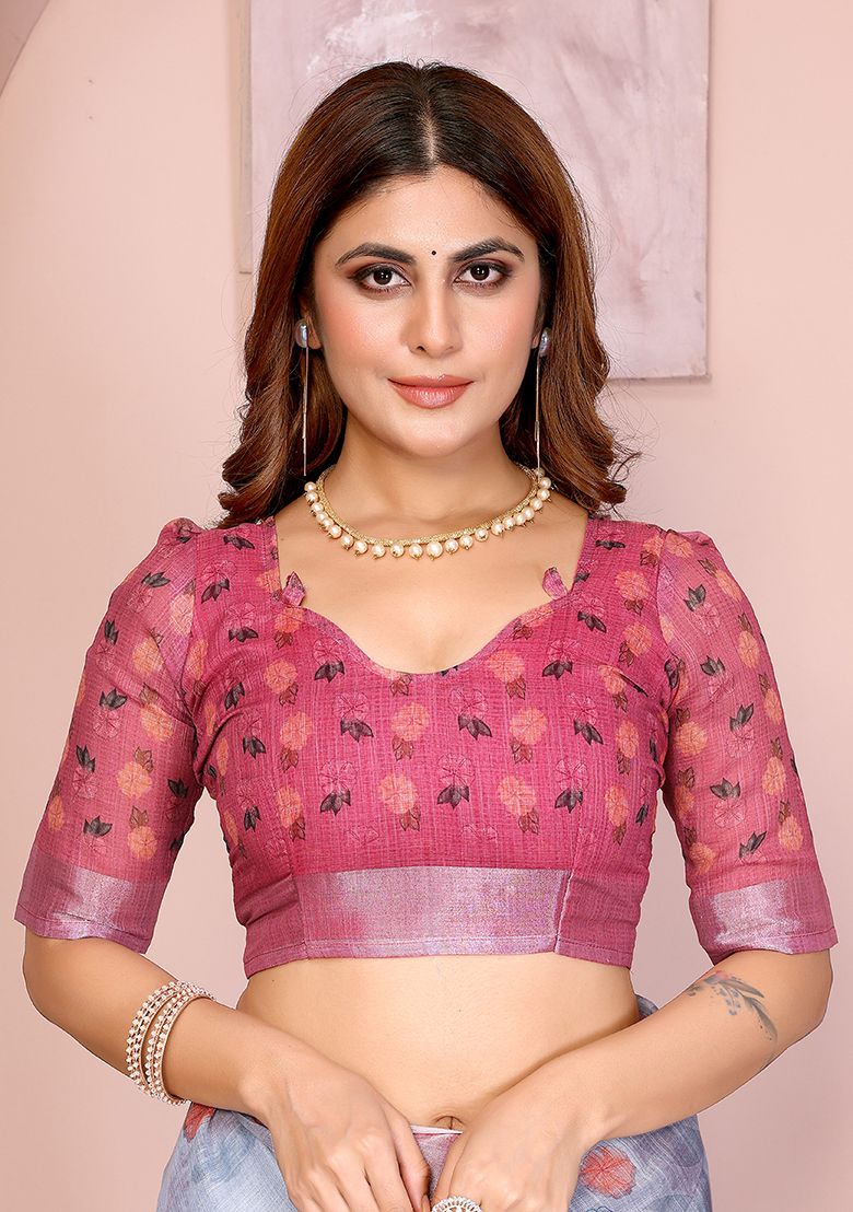Multi Flower Digital Print Linen Saree with Unstitched Blouse