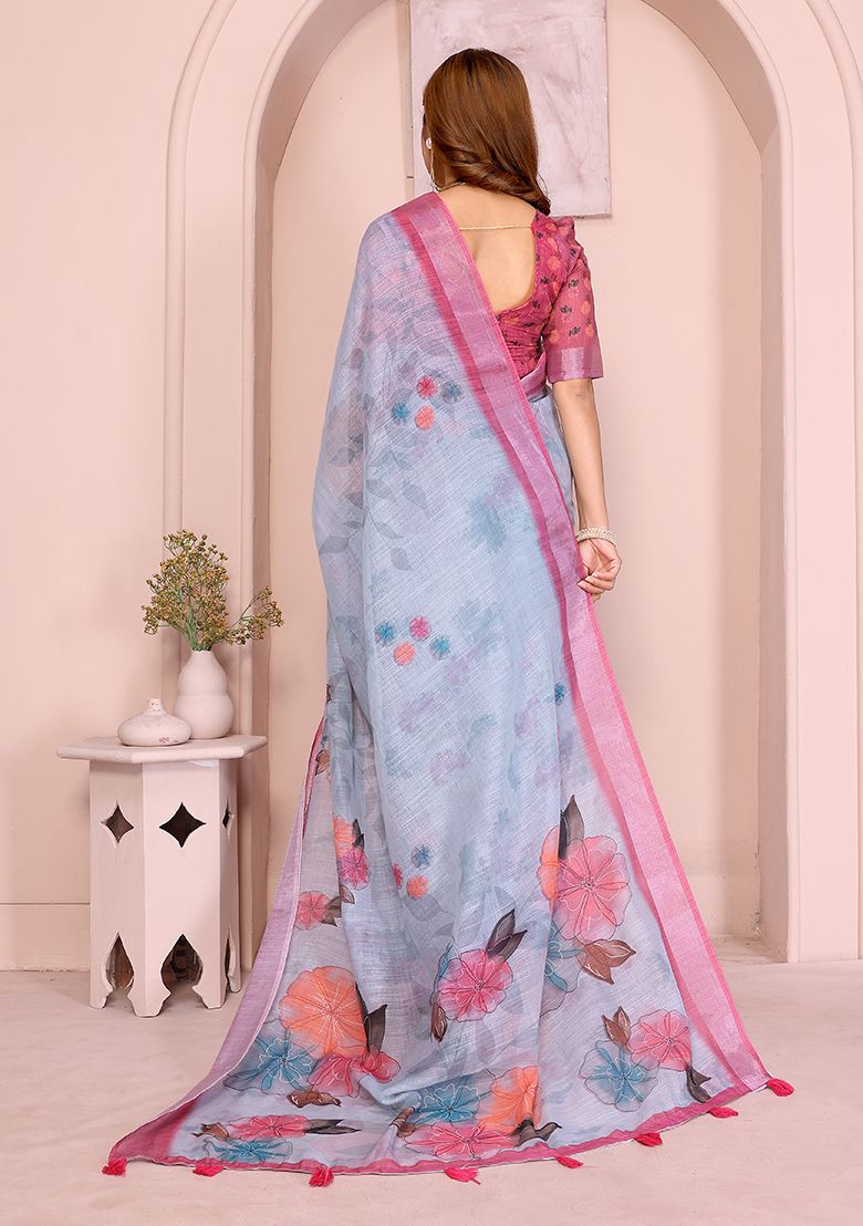Multi Flower Digital Print Linen Saree with Unstitched Blouse