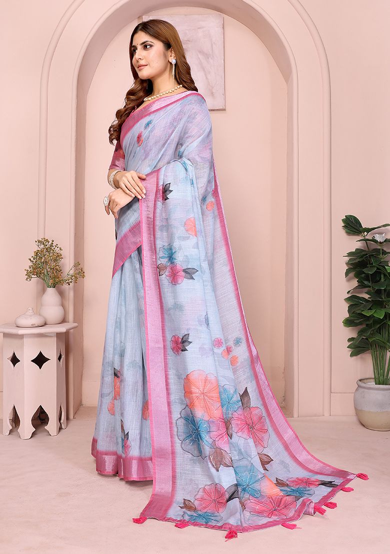 Multi Flower Digital Print Linen Saree with Unstitched Blouse