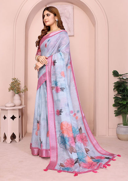 Multi Flower Digital Print Linen Saree with Unstitched Blouse