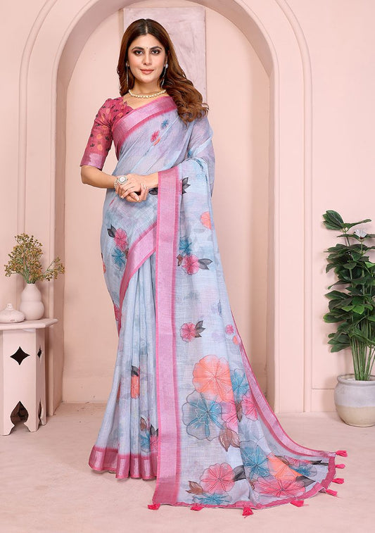 Multi Flower Digital Print Linen Saree with Unstitched Blouse