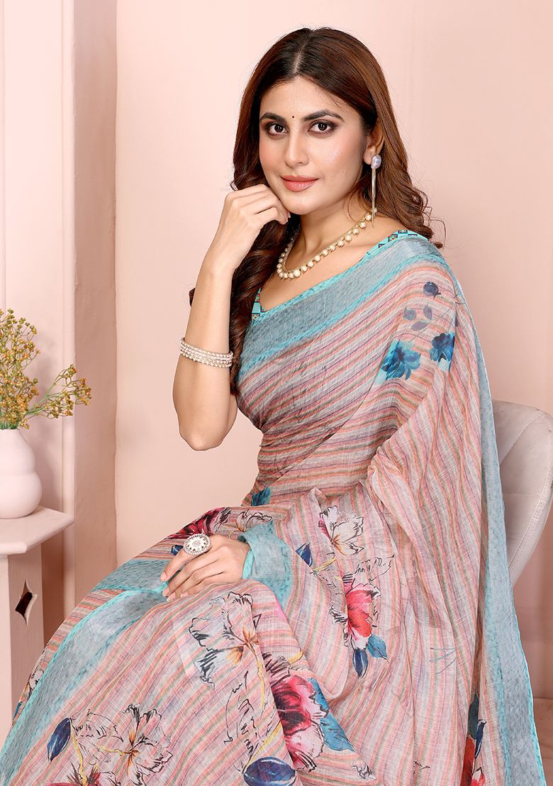 Multi Flower Digital Print Linen Saree with Unstitched Blouse
