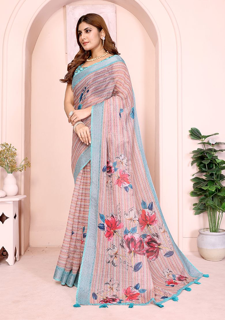 Multi Flower Digital Print Linen Saree with Unstitched Blouse