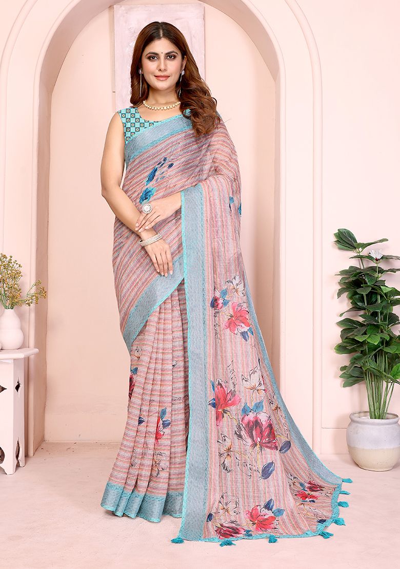 Multi Flower Digital Print Linen Saree with Unstitched Blouse