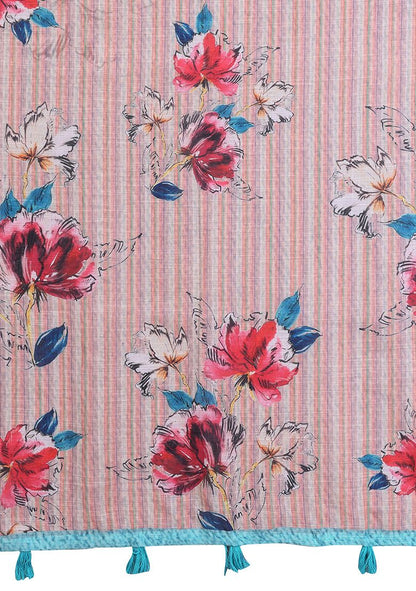 Multi Flower Digital Print Linen Saree with Unstitched Blouse