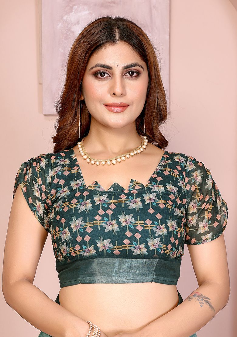 Multi Flower Digital Print Linen Saree with Unstitched Blouse