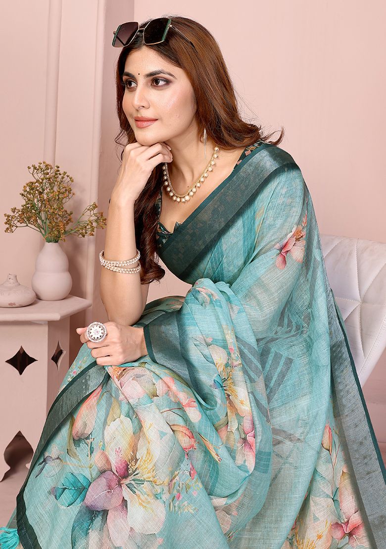 Multi Flower Digital Print Linen Saree with Unstitched Blouse