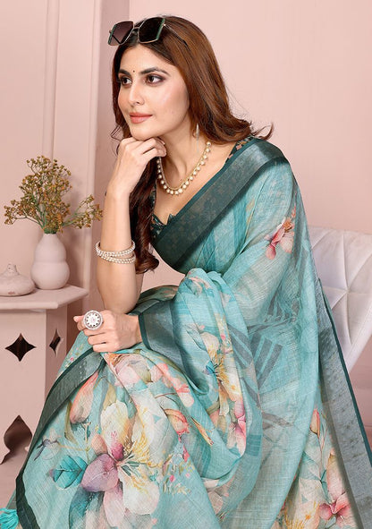 Multi Flower Digital Print Linen Saree with Unstitched Blouse