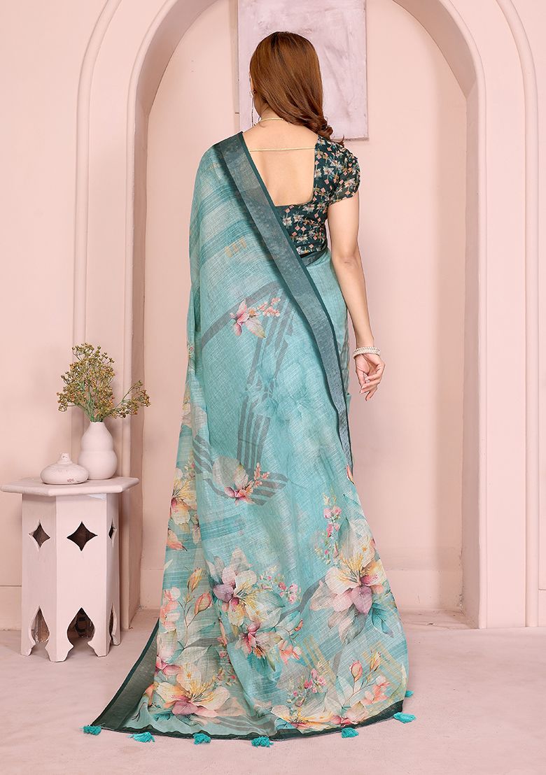 Multi Flower Digital Print Linen Saree with Unstitched Blouse