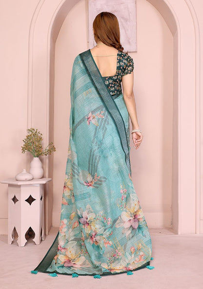 Multi Flower Digital Print Linen Saree with Unstitched Blouse