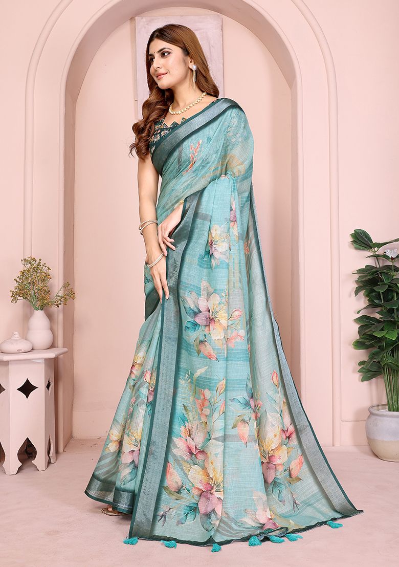 Multi Flower Digital Print Linen Saree with Unstitched Blouse