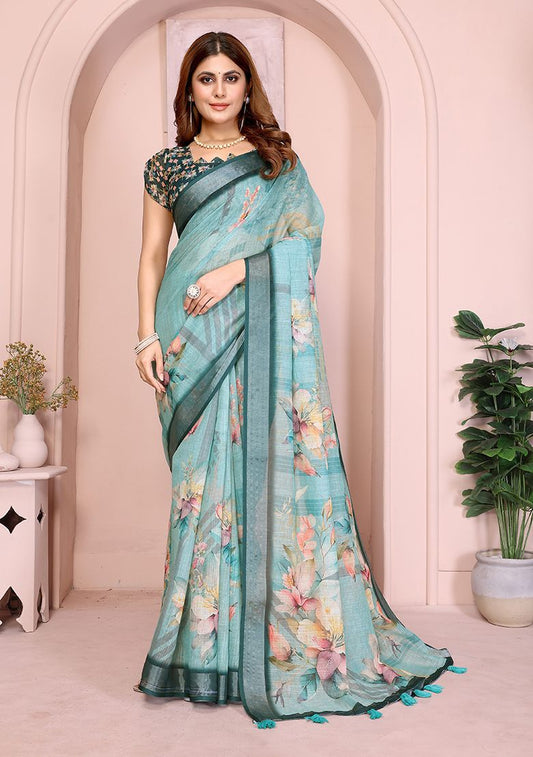 Multi Flower Digital Print Linen Saree with Unstitched Blouse