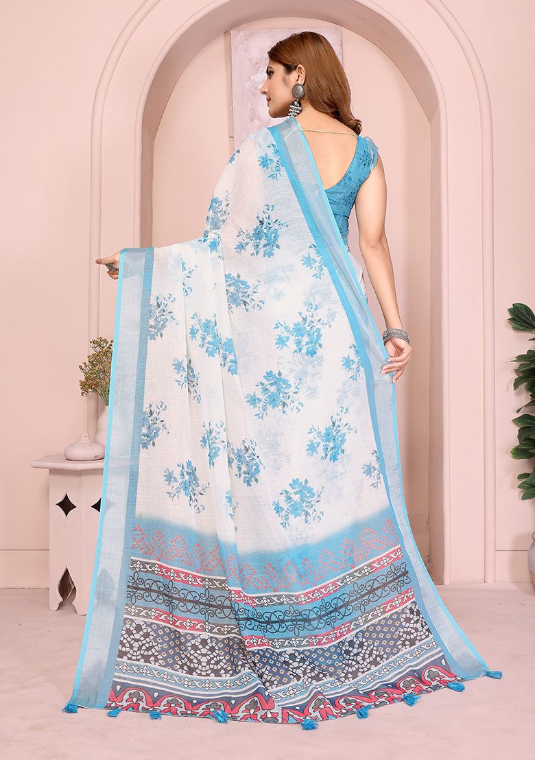 Multi Flower Digital Print Linen Saree with Unstitched Blouse
