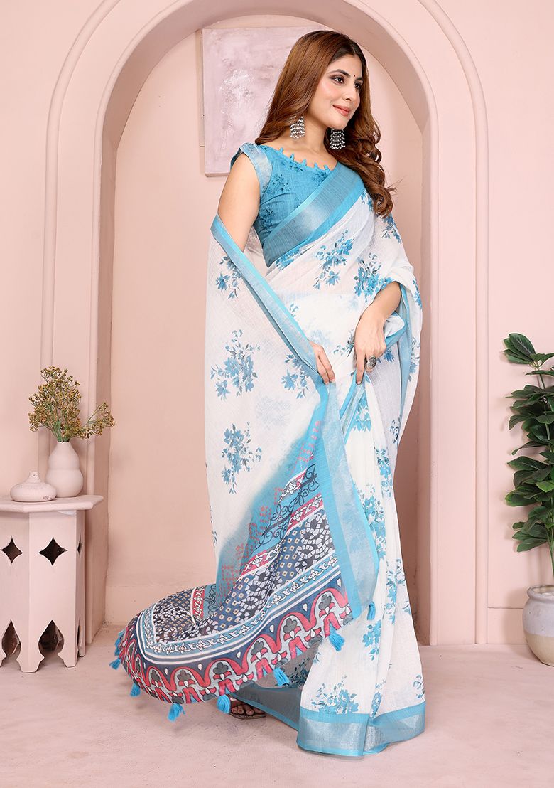 Multi Flower Digital Print Linen Saree with Unstitched Blouse
