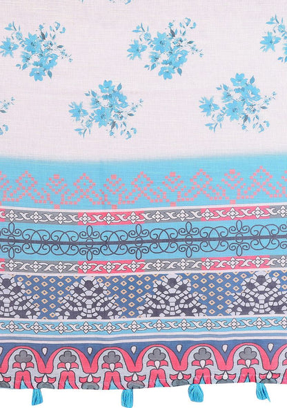 Multi Flower Digital Print Linen Saree with Unstitched Blouse