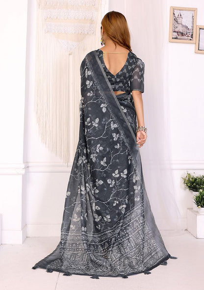Multi Flower Digital Print Linen Saree with Unstitched Blouse