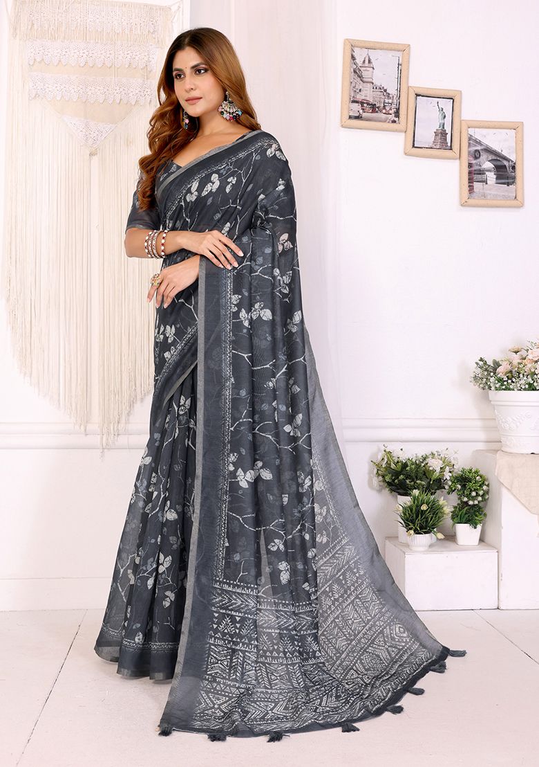 Multi Flower Digital Print Linen Saree with Unstitched Blouse