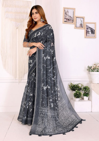 Multi Flower Digital Print Linen Saree with Unstitched Blouse