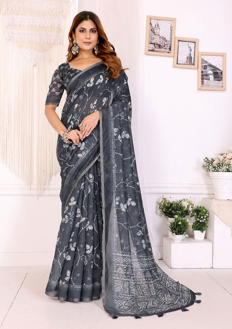 Multi Flower Digital Print Linen Saree with Unstitched Blouse