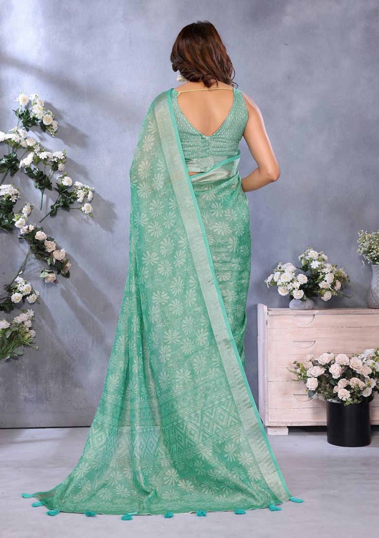 Classy Flower Digital Print Linen Saree with Unstitched Blouse
