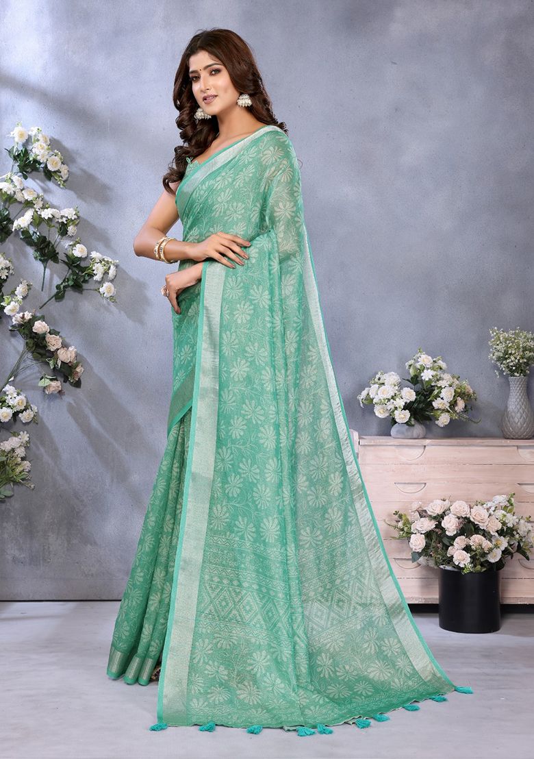 Classy Flower Digital Print Linen Saree with Unstitched Blouse