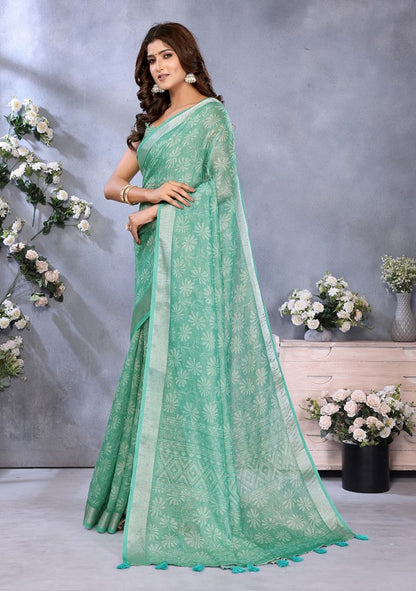 Classy Flower Digital Print Linen Saree with Unstitched Blouse