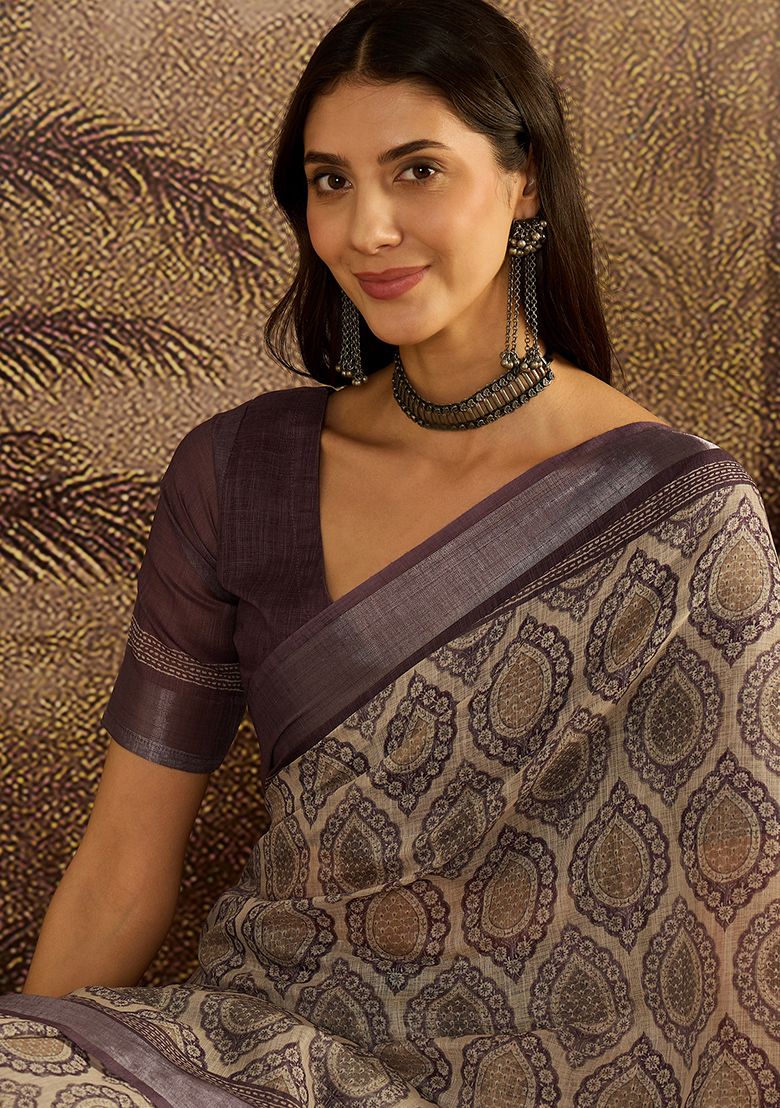 Classy Digital Print Linen Saree with Unstitched Blouse