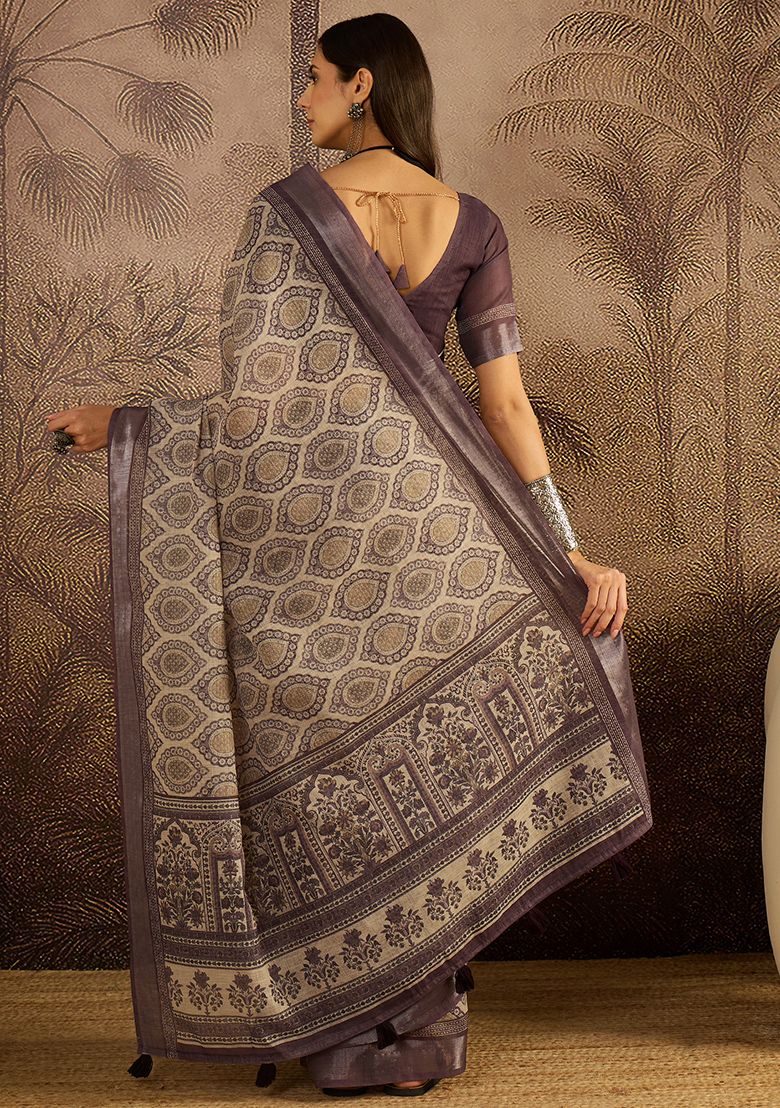 Classy Digital Print Linen Saree with Unstitched Blouse
