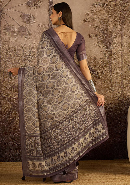 Classy Digital Print Linen Saree with Unstitched Blouse