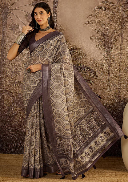 Classy Digital Print Linen Saree with Unstitched Blouse