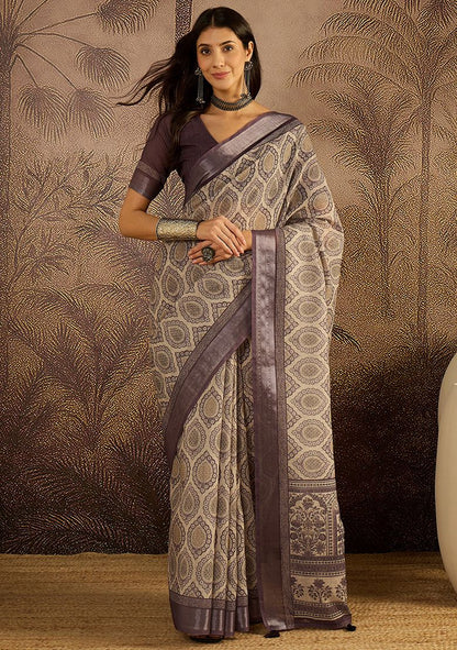 Classy Digital Print Linen Saree with Unstitched Blouse