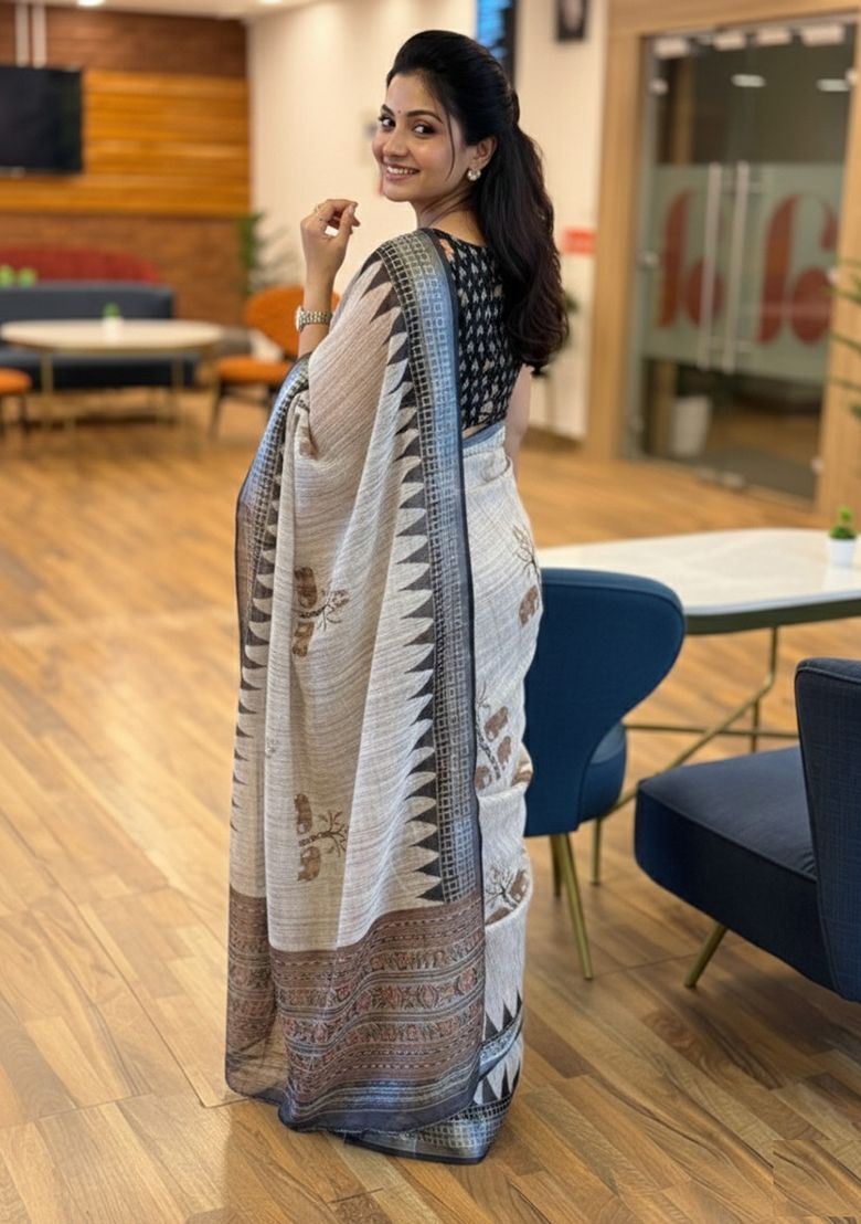 Premium Digital Print Linen Saree with Unstitched Blouse