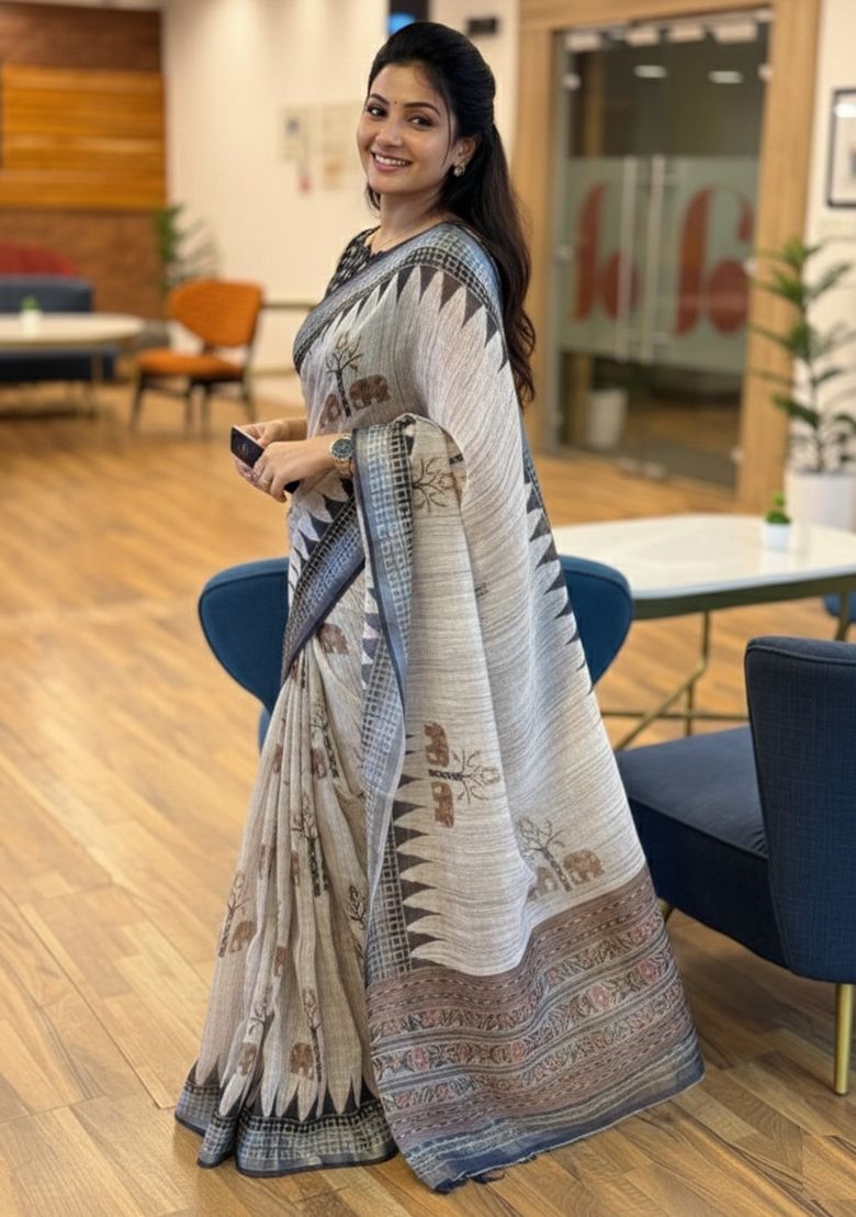 Premium Digital Print Linen Saree with Unstitched Blouse