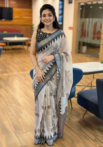 Premium Digital Print Linen Saree with Unstitched Blouse