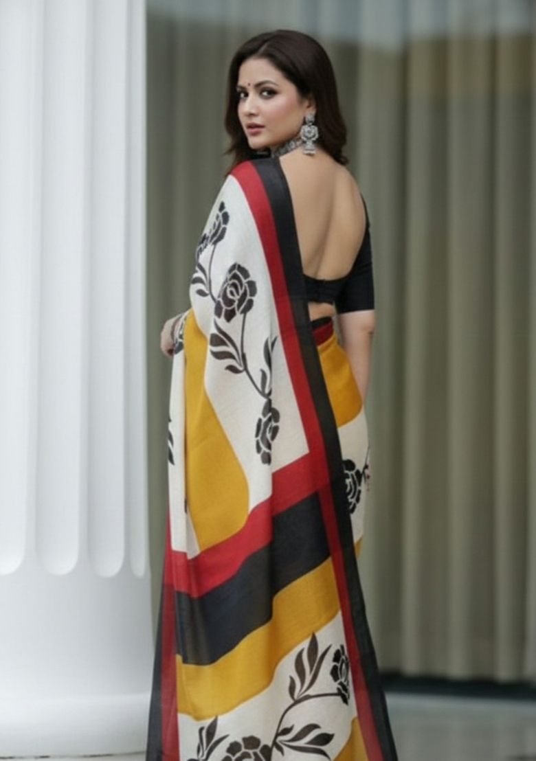 Modern Digital Print Linen Saree with Unstitched Blouse