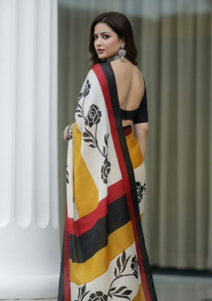 Modern Digital Print Linen Saree with Unstitched Blouse