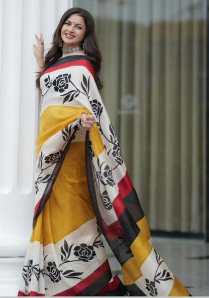Modern Digital Print Linen Saree with Unstitched Blouse