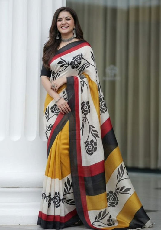 Modern Digital Print Linen Saree with Unstitched Blouse