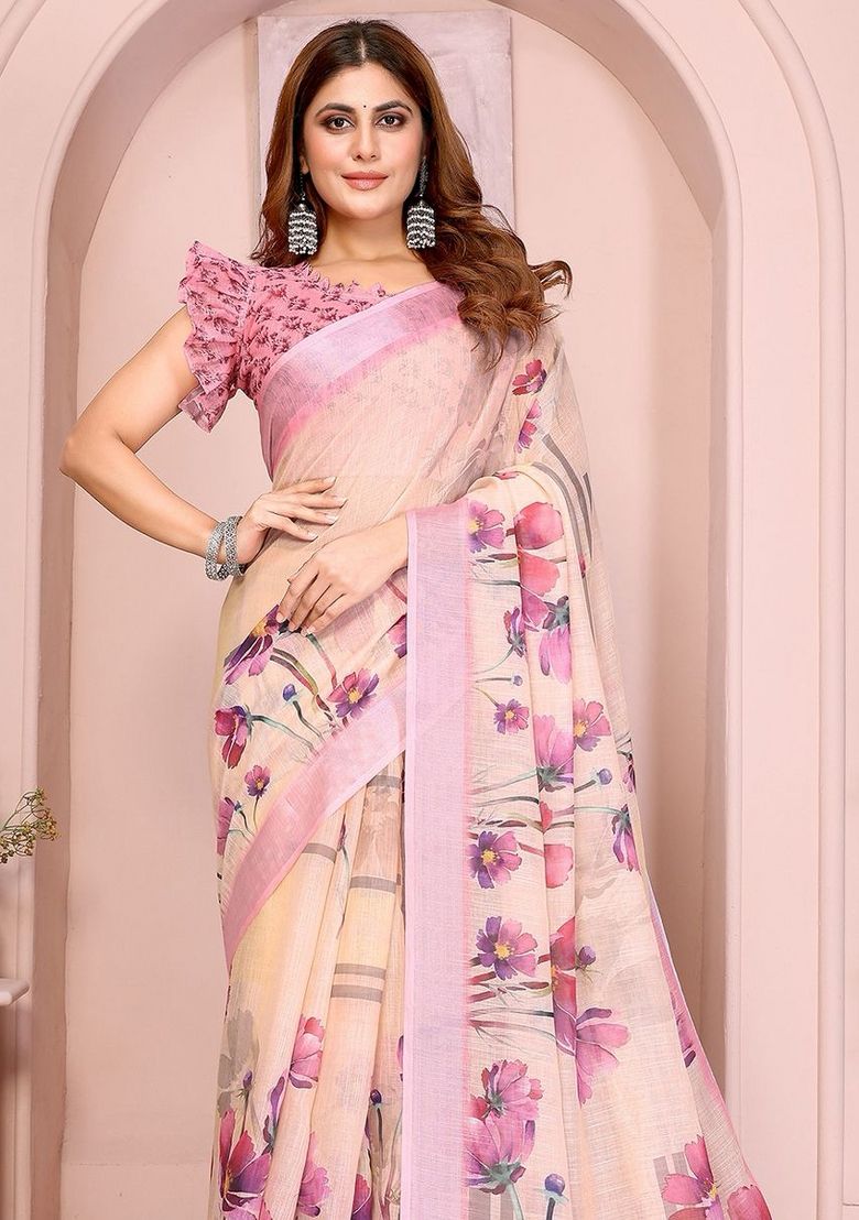 Multi Flower Digital Print Linen Saree with Unstitched Blouse