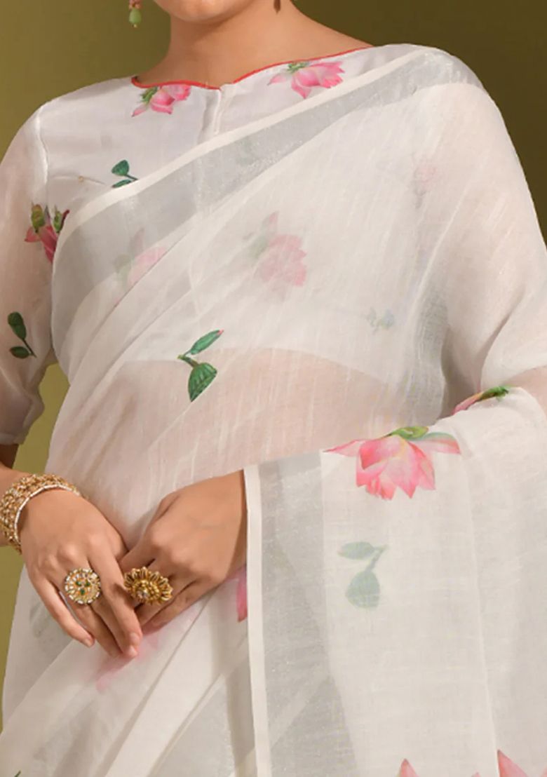 Multi Flower Digital Print Linen Saree with Unstitched Blouse