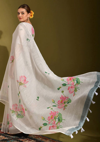 Multi Flower Digital Print Linen Saree with Unstitched Blouse