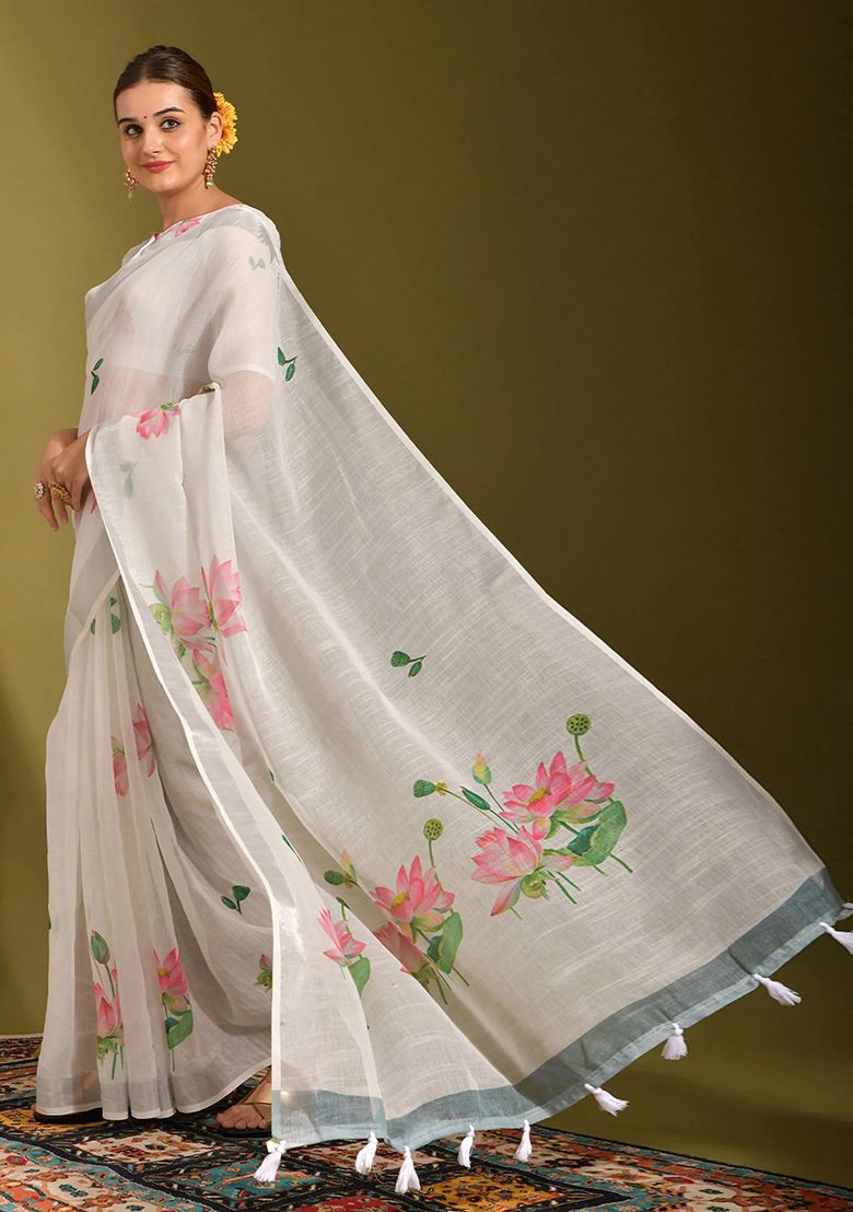 Multi Flower Digital Print Linen Saree with Unstitched Blouse