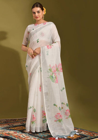 Multi Flower Digital Print Linen Saree with Unstitched Blouse