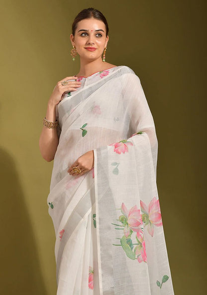 Multi Flower Digital Print Linen Saree with Unstitched Blouse